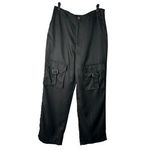 Pretty Little Thing Tall Black Cargo Pocket Detail Buckle Trouser SZ 14 Wide Leg